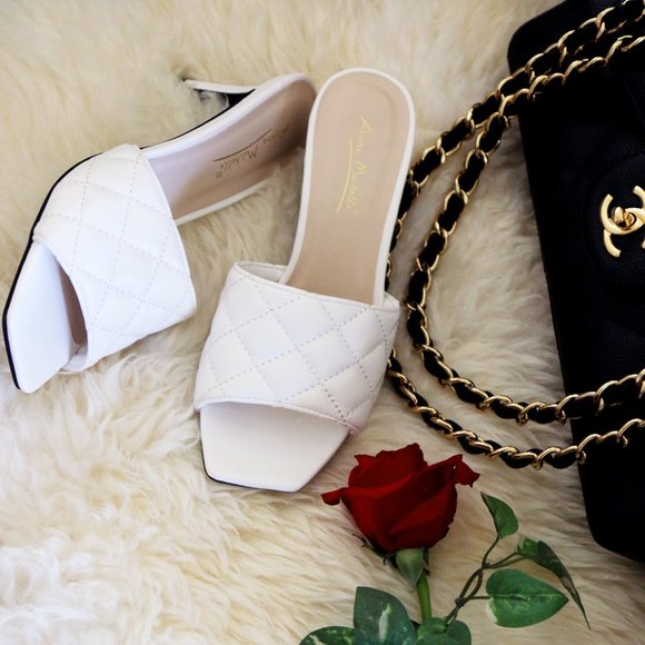 White Quilted Square Toe Heel Mules Sandal Shoes - Picture 5 of 10